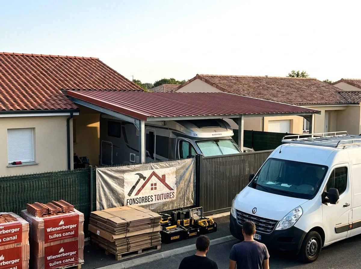 Abri de camping-car couvert par Fonsorbes Toitures à Fonsorbes, bâche de l'entreprise sur la clôture et palettes de tuiles canal